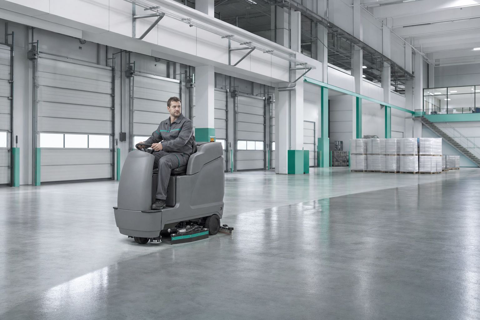 Scheuersaugmaschine reinigt den Hallenboden einer modernen Logistikhalle