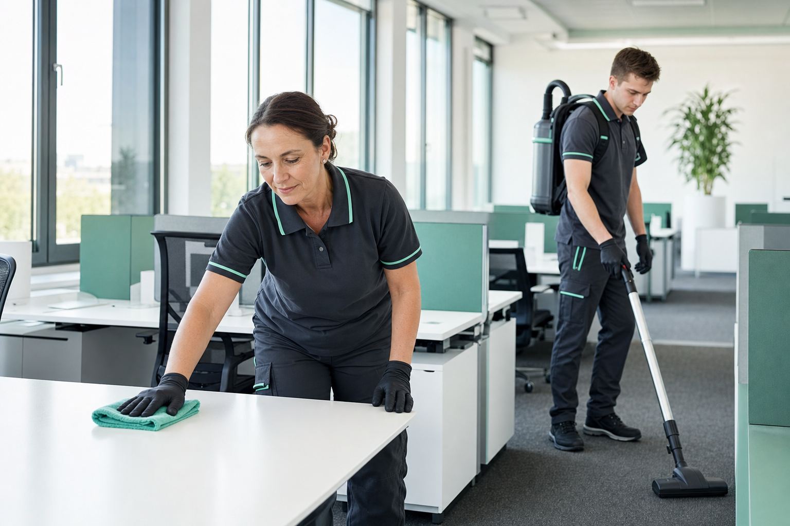 Zwei Reinigungskräfte von Blankenfeld bei der morgendlichen Unterhaltsreinigung in einem modernen Büro