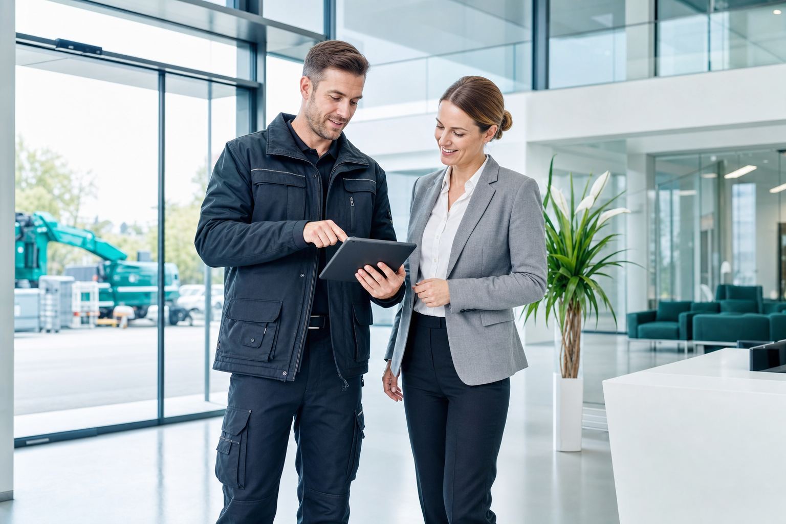 Objektleiter bespricht mit einer Office-Managerin die Begehung am Tablet