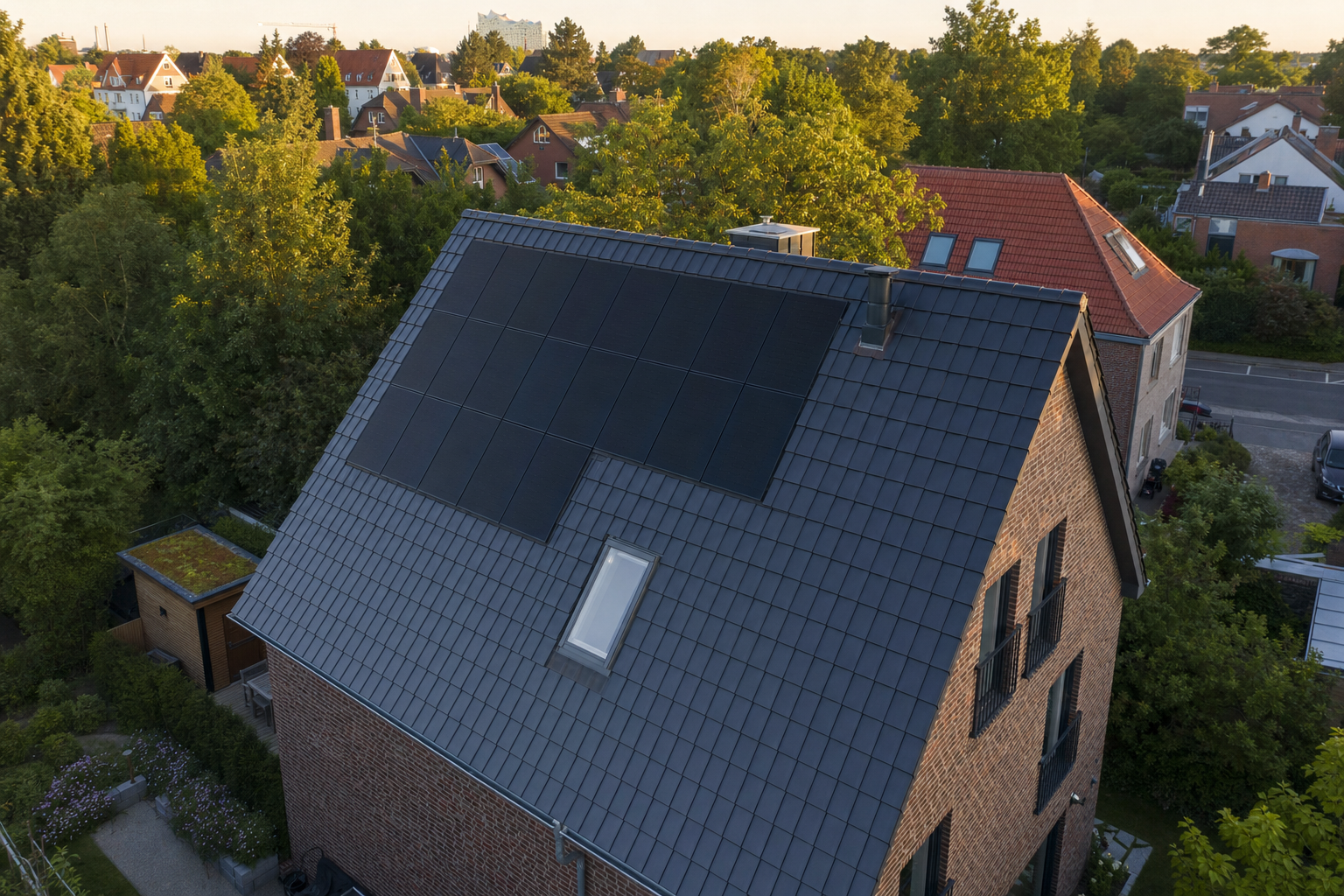 Photovoltaikmodule auf anthrazitfarbenem Steildach im Abendlicht, Drohnenaufnahme