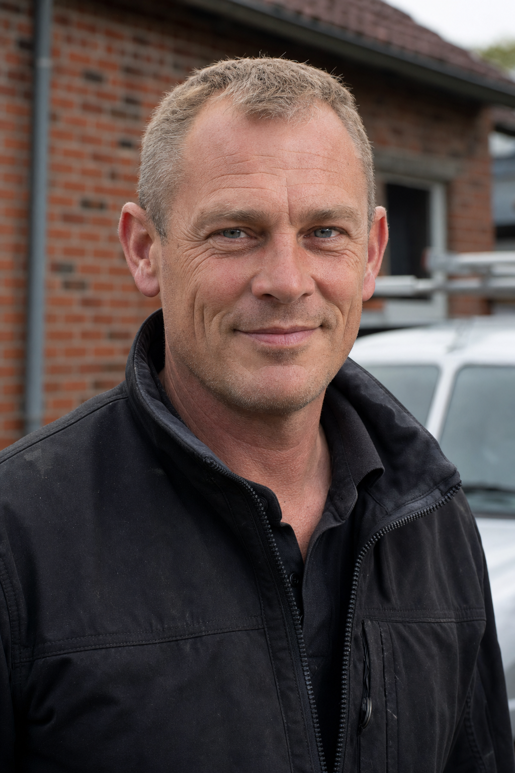 Dachdeckermeister Ole Petersen in Arbeitskleidung vor dem Firmengebäude in Hamburg-Rahlstedt