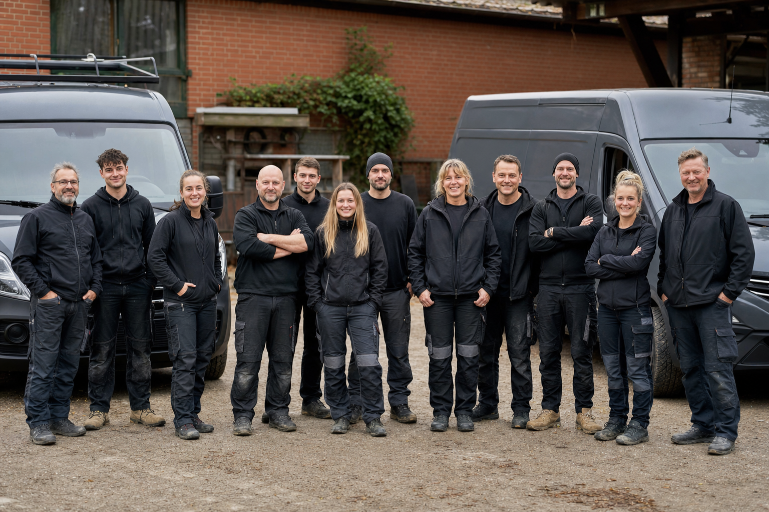 Das zwölfköpfige Team von Dachwerk Petersen in Arbeitskleidung vor zwei Firmenfahrzeugen