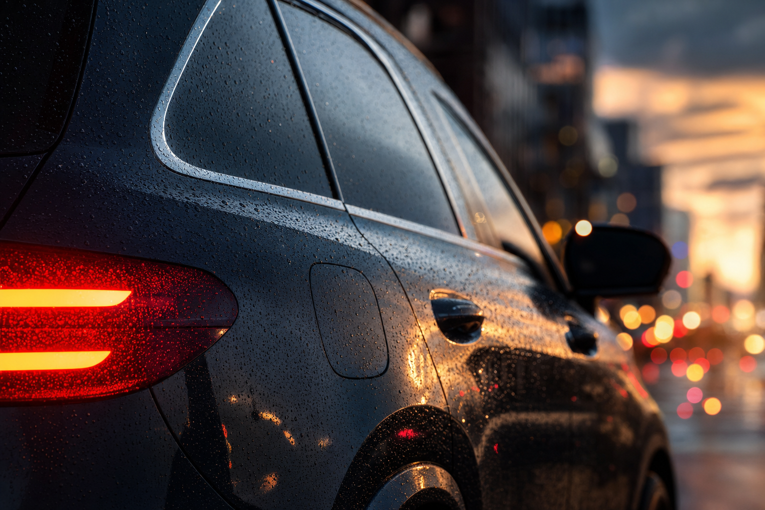 Regennasses Fahrzeug mit Lichtreflexen bei Dämmerung