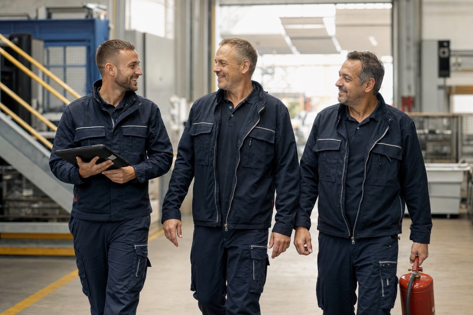 Drei Grimme-Brandschutztechniker gehen im Gespräch durch eine Industriehalle