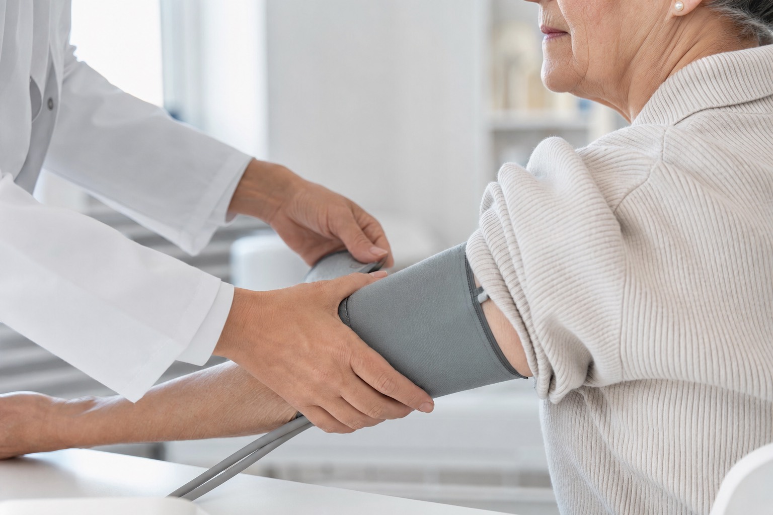 Hände eines Arztes legen einer Patientin eine Blutdruckmanschette an
