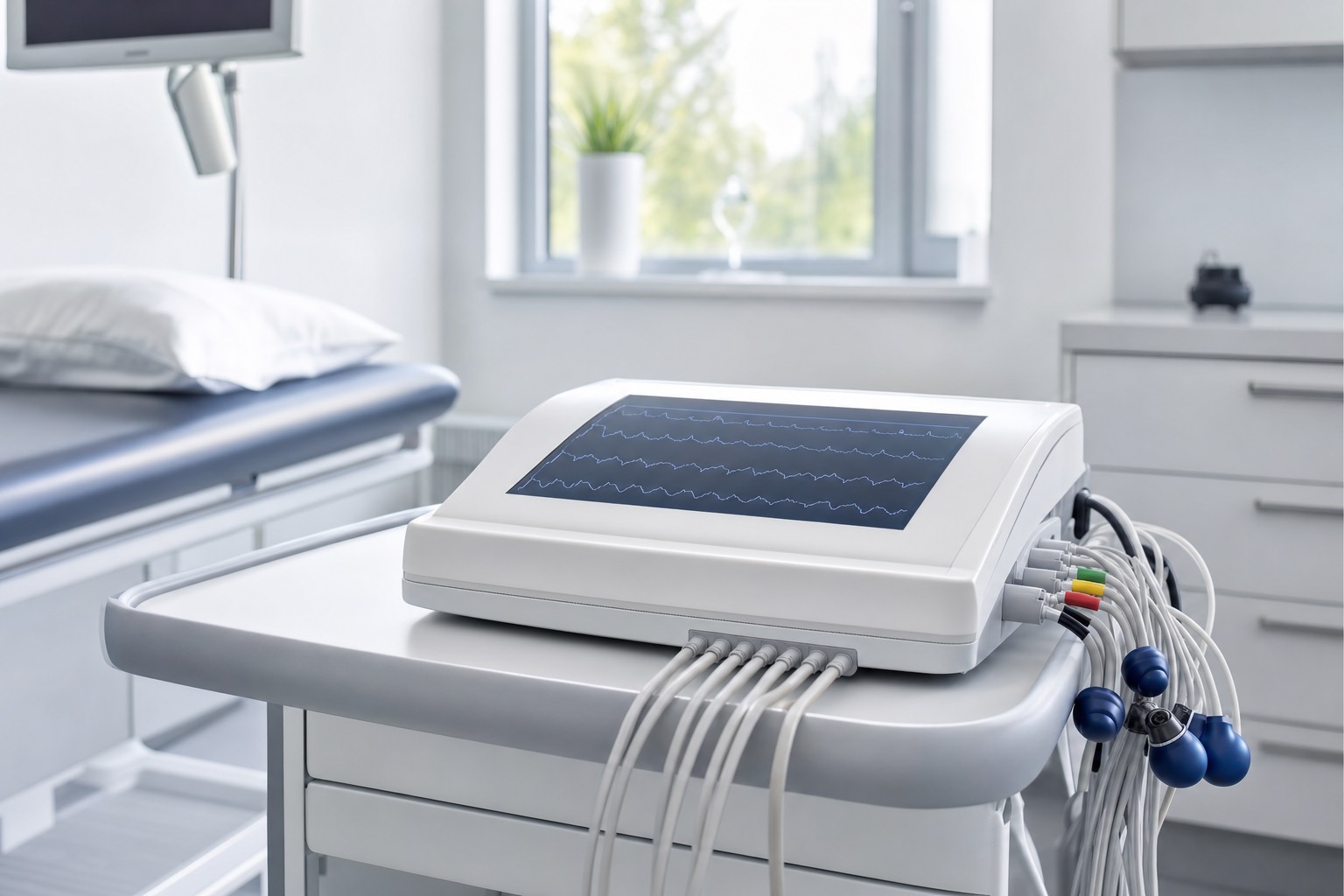 EKG-Gerät mit ordentlich aufgerollten Elektrodenkabeln in hellem Untersuchungsraum