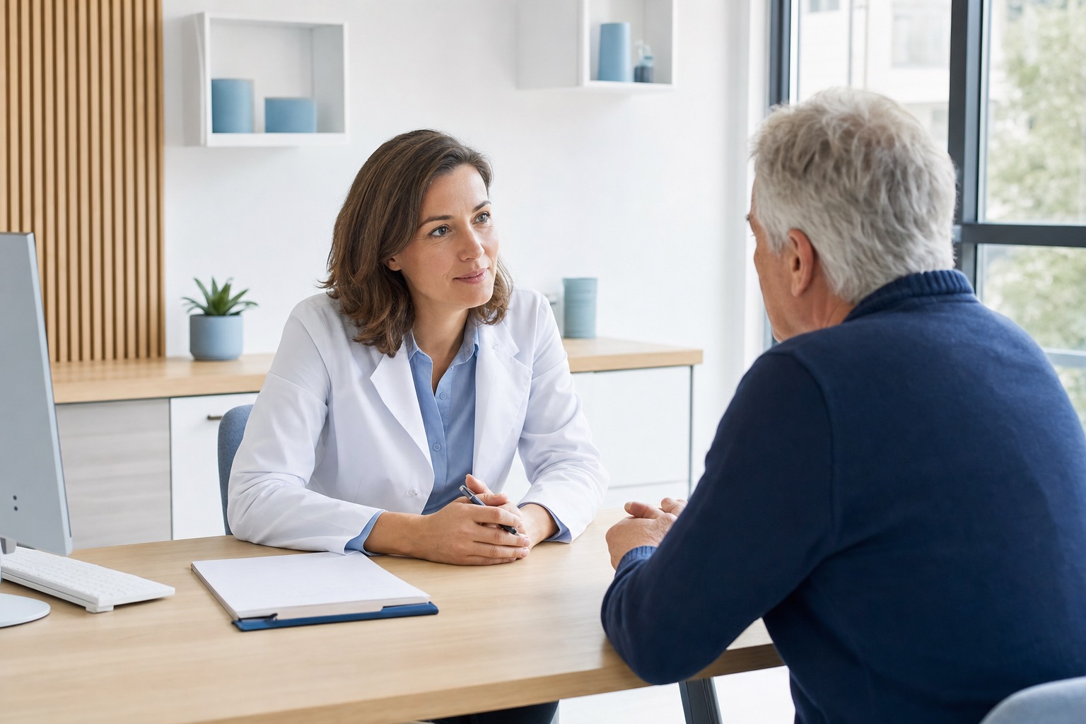 Hausärztin im Gespräch mit einem Patienten am Beratungstisch