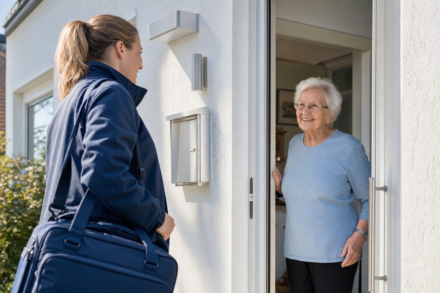 Versorgungsassistentin mit Arzttasche beim Hausbesuch an der Haustür einer Patientin