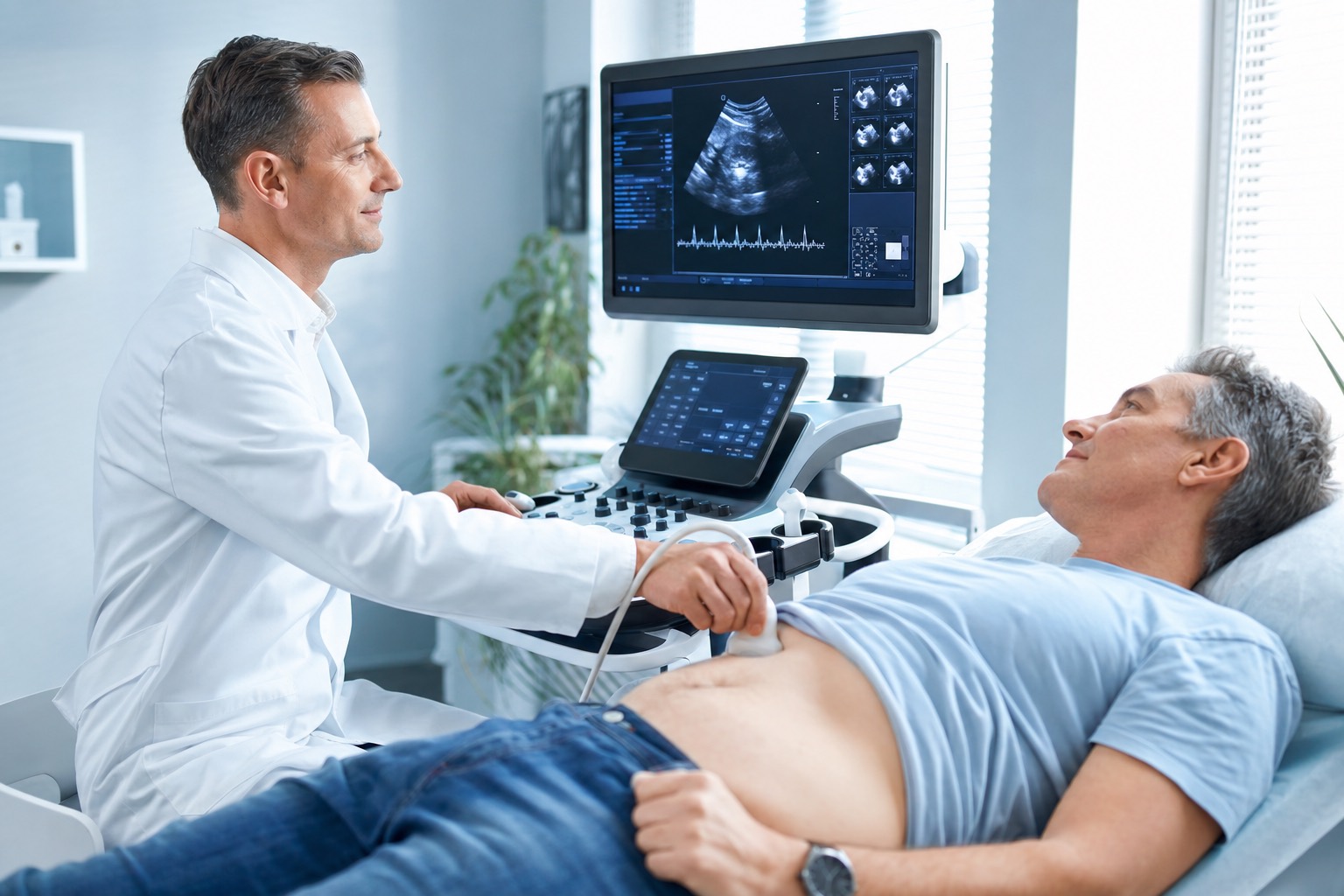 Arzt führt eine Ultraschalluntersuchung des Bauchraums durch
