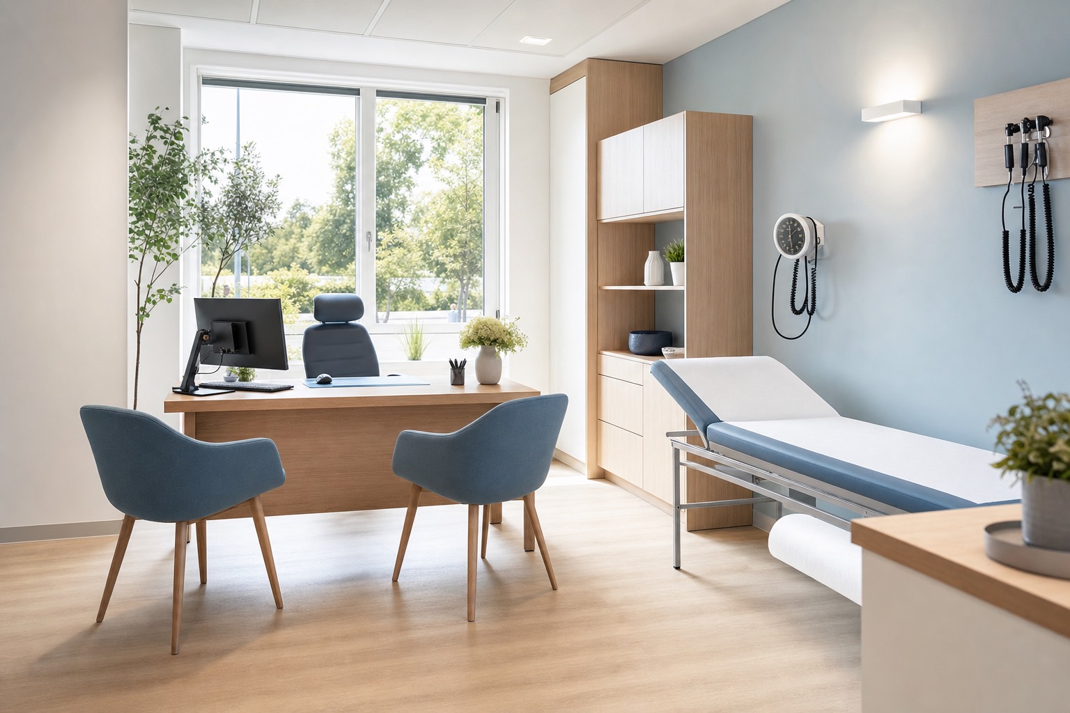 Sprechzimmer mit Beratungstisch am Fenster und Untersuchungsliege