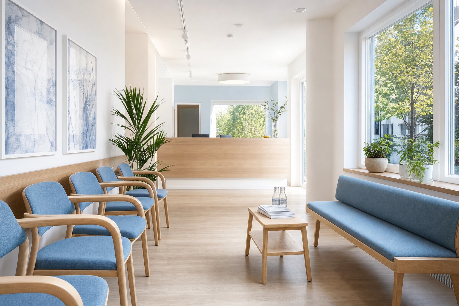 Helles Wartezimmer mit Holzstühlen, blauen Polstern und Blick ins Grüne