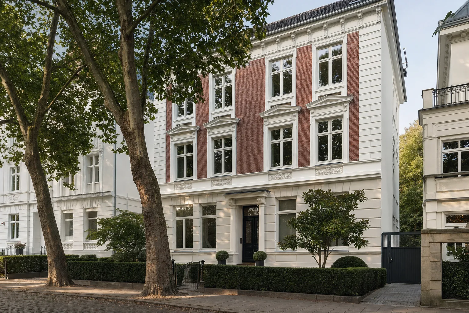 Eppendorfer Stadthaus von 1912 mit sanierten Kastenfenstern und Vorgarten