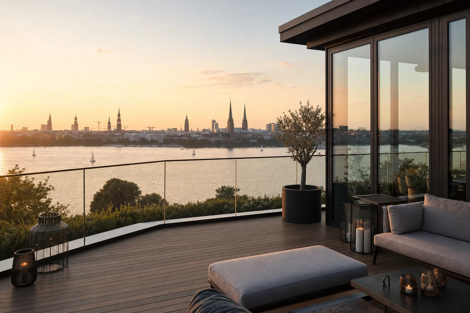 Dachterrasse eines Penthouses mit Blick über die Außenalster am Abend