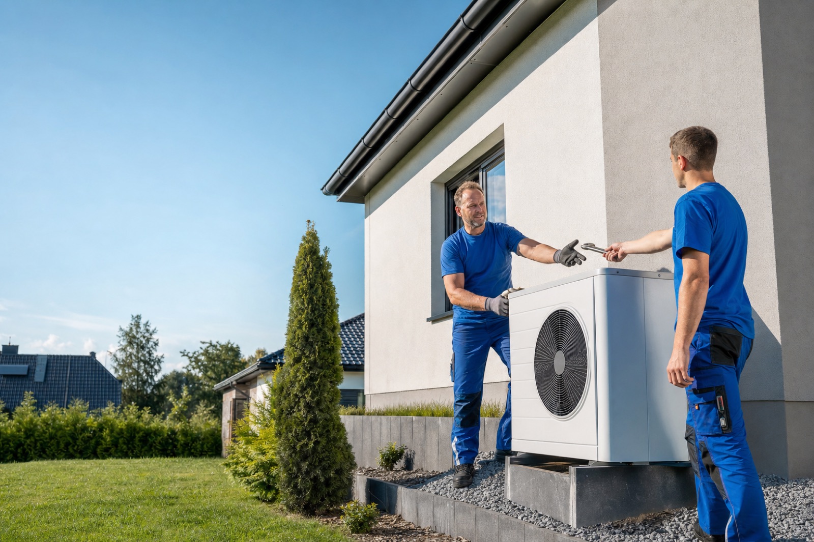 Meister und Azubi von Kallsen Haustechnik installieren eine Wärmepumpe