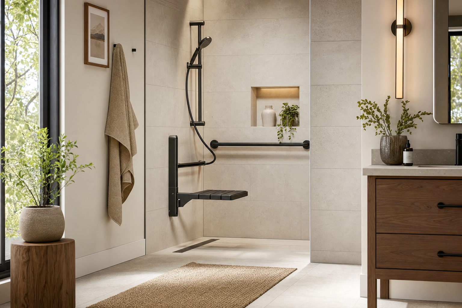 Helles barrierefreies Bad mit bodengleicher Dusche, Duschsitz und dezenten Haltegriffen