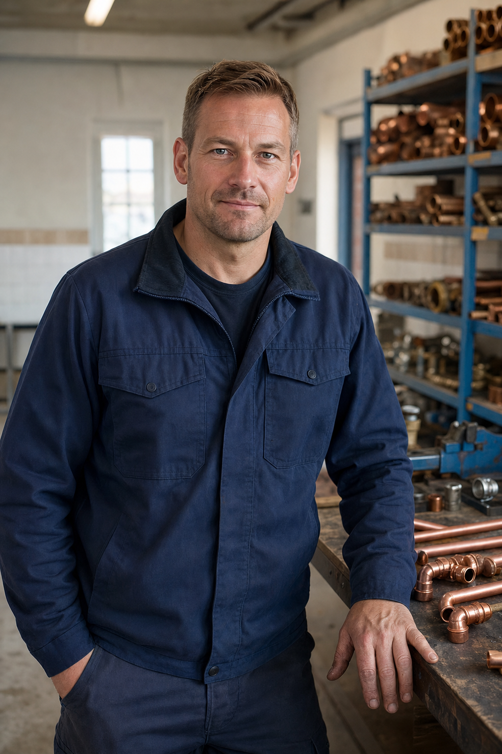 Installateur- und Heizungsbauermeister Jan Kallsen in sauberer Arbeitskleidung in der Werkstatt am Heußweg