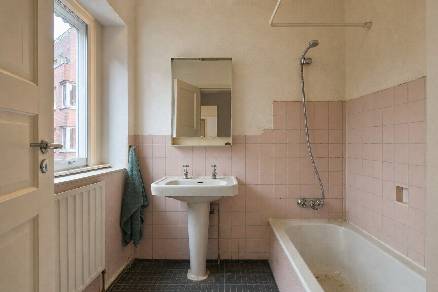 Bad vor der Sanierung: alte rosafarbene Fliesen, Badewanne mit Wannenrand, abgenutzte Fugen