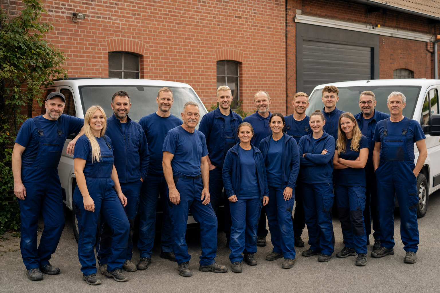 Das vierzehnköpfige Team von Kallsen Haustechnik in Arbeitskleidung vor der Werkstatt in Eimsbüttel