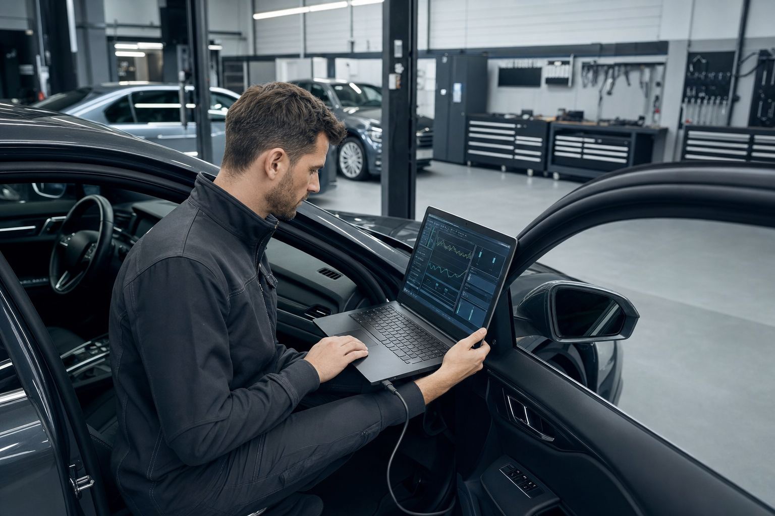 Kfz-Mechatroniker mit Diagnose-Laptop am OBD-Anschluss eines modernen Autos