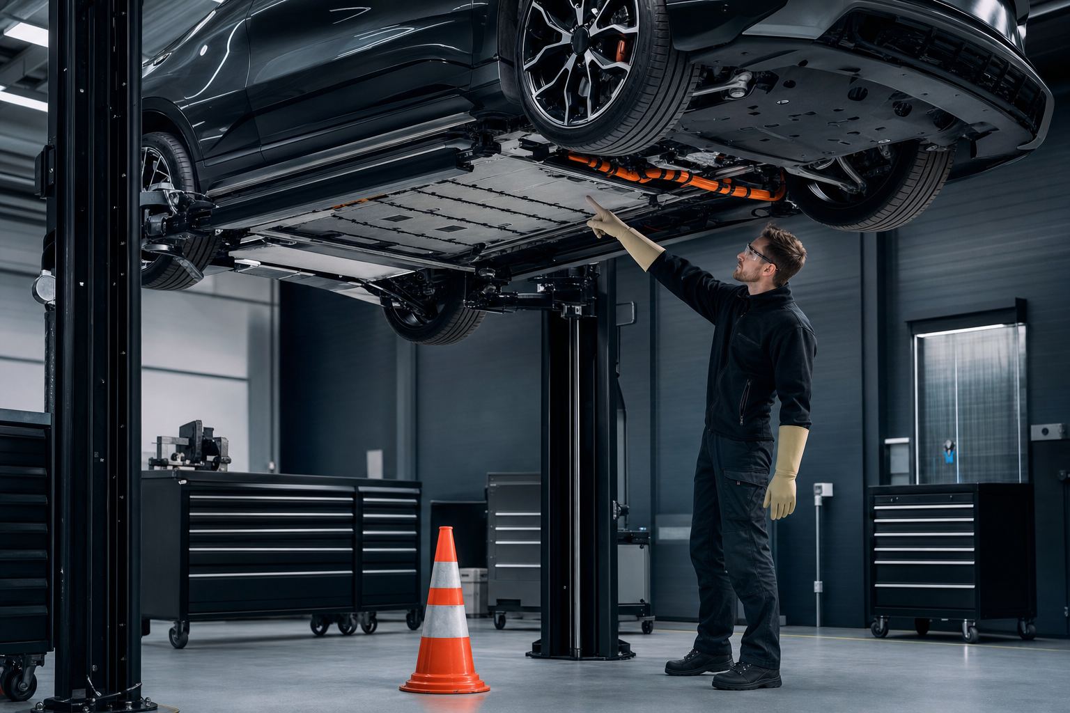 Elektroauto auf der Hebebühne mit sichtbaren orangen Hochvolt-Leitungen am Unterboden