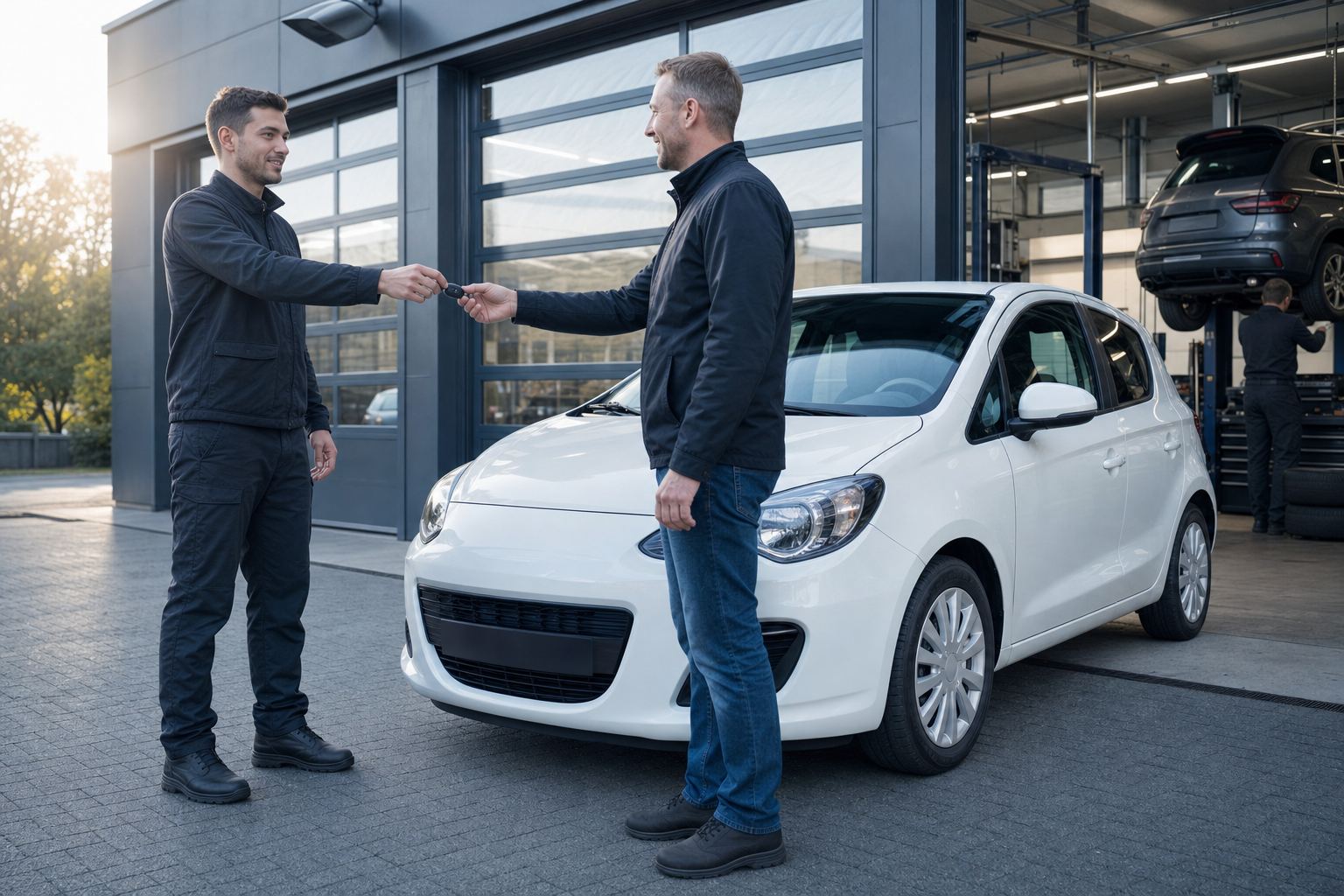 Schlüsselübergabe für den Ersatzwagen vor der Werkstatt
