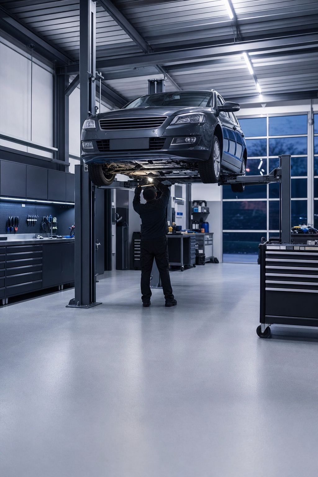Auto auf der Hebebühne in der hell ausgeleuchteten Werkstatthalle von Kortmann Fahrzeugtechnik