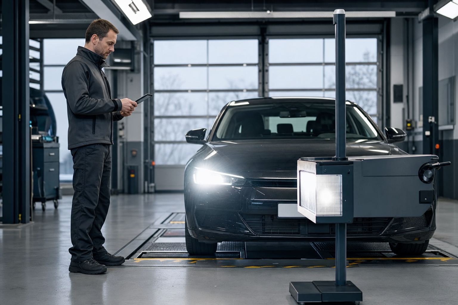 Prüfingenieur mit Tablet kontrolliert die Scheinwerfer eines Autos auf dem Bremsenprüfstand