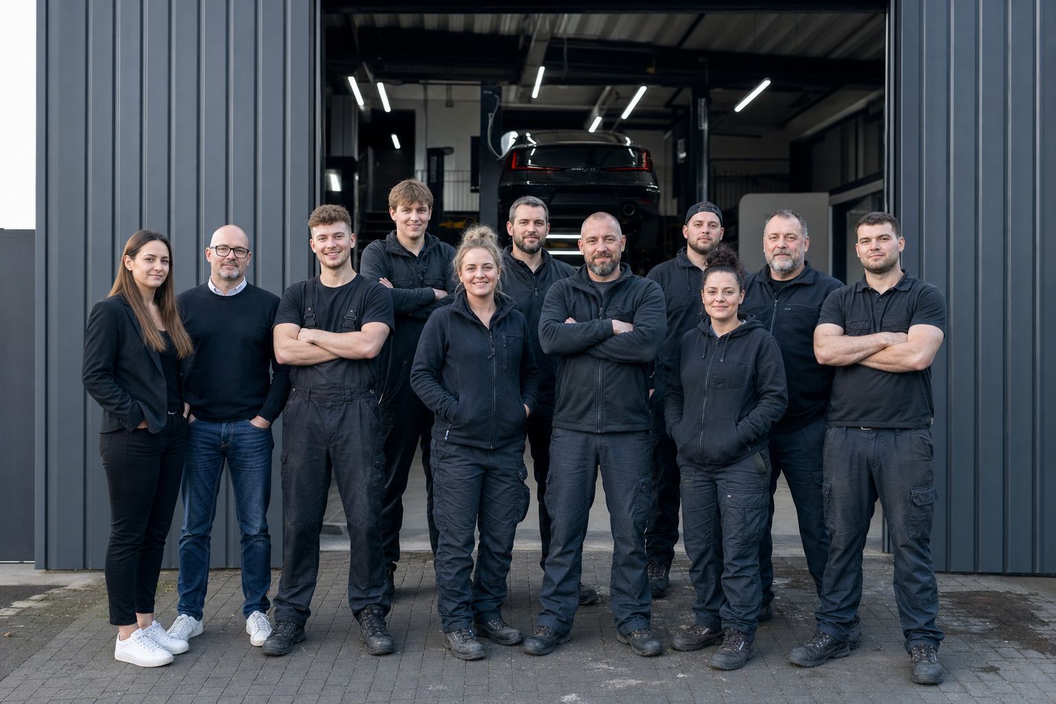 Das elfköpfige Team von Kortmann Fahrzeugtechnik vor dem geöffneten Hallentor