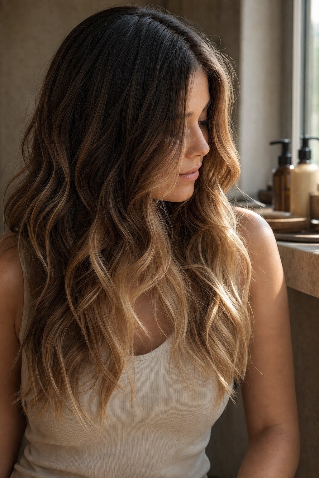 Nahaufnahme eines handgemalten Balayage-Verlaufs von dunklem Ansatz zu hellen Spitzen