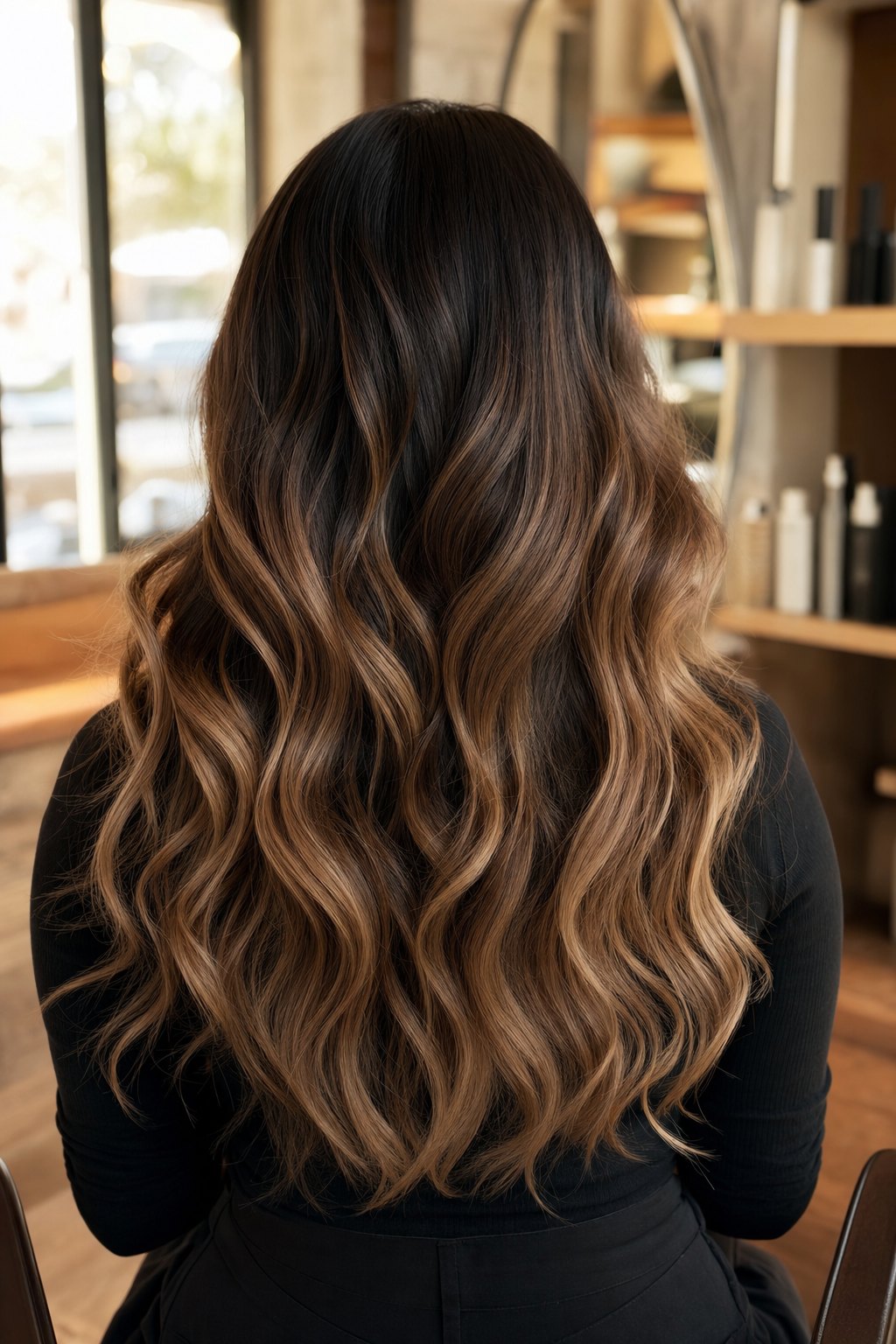 Balayage: Karamell-Balayage auf dunkler Basis, weicher Verlauf