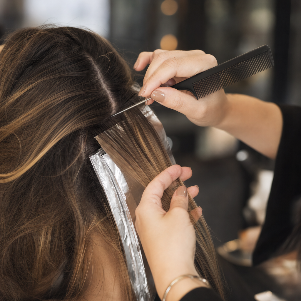 Hände teilen karamellfarbene Balayage-Strähnen mit dem Stielkamm ab