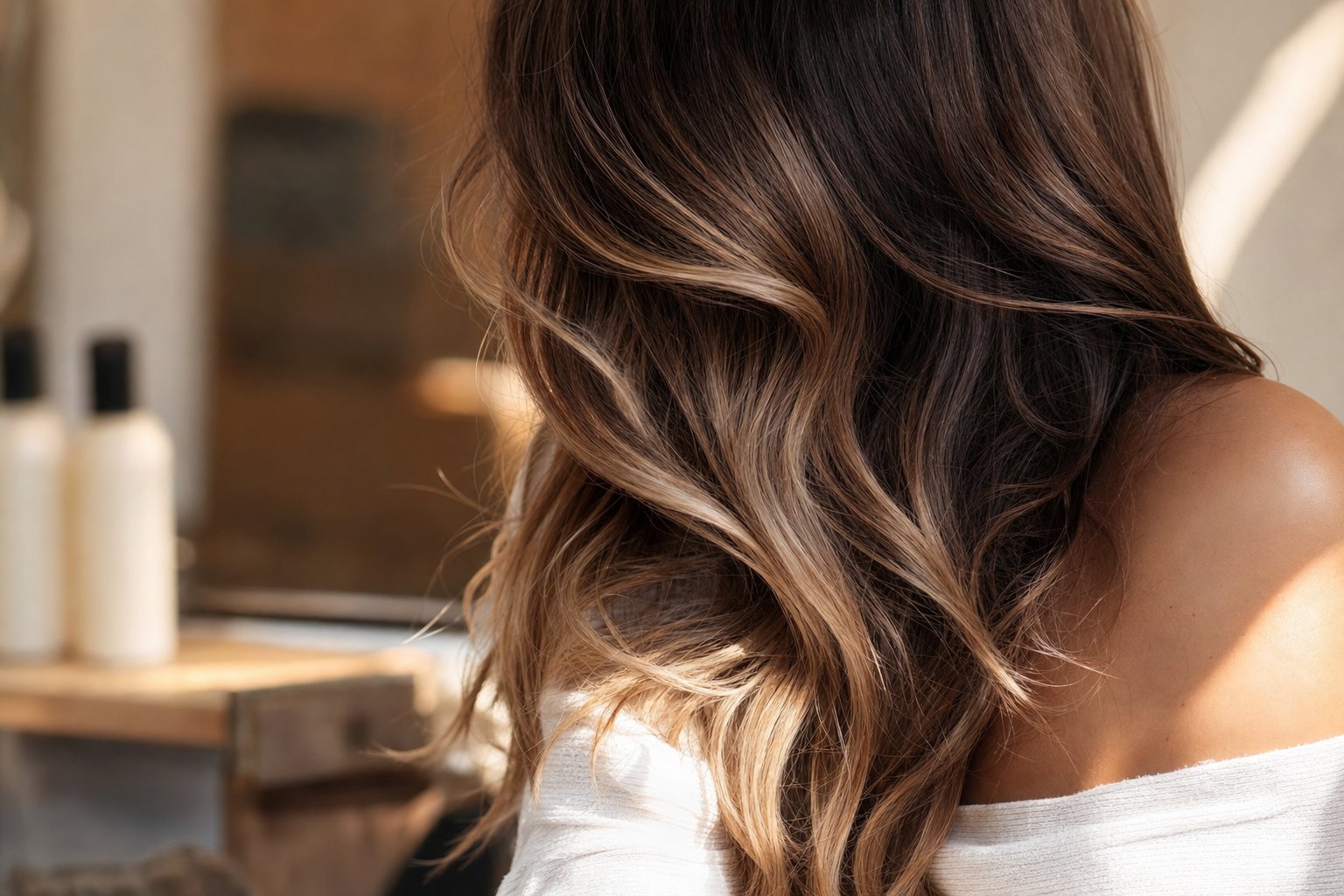Nahaufnahme eines Karamell-Balayage-Verlaufs in welligem Haar