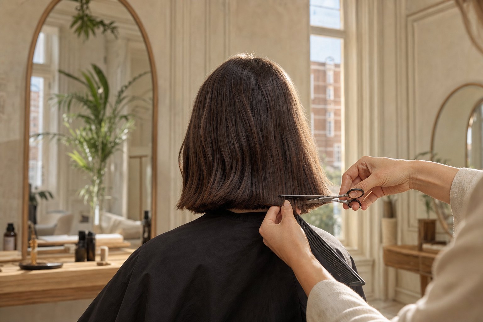 Stylist schneidet schulterlanges Haar mit präziser Kante im Tageslicht