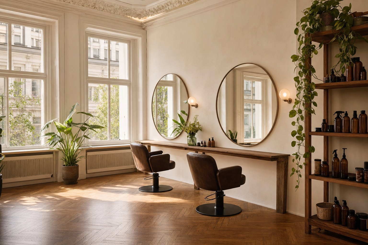 Salonraum mit Altbaufenstern, Spiegeln, Pflanzen und Davines-Regal