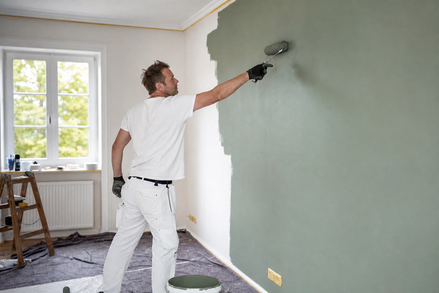 Maler rollt salbeigrüne Farbe auf eine abgeklebte Wohnzimmerwand