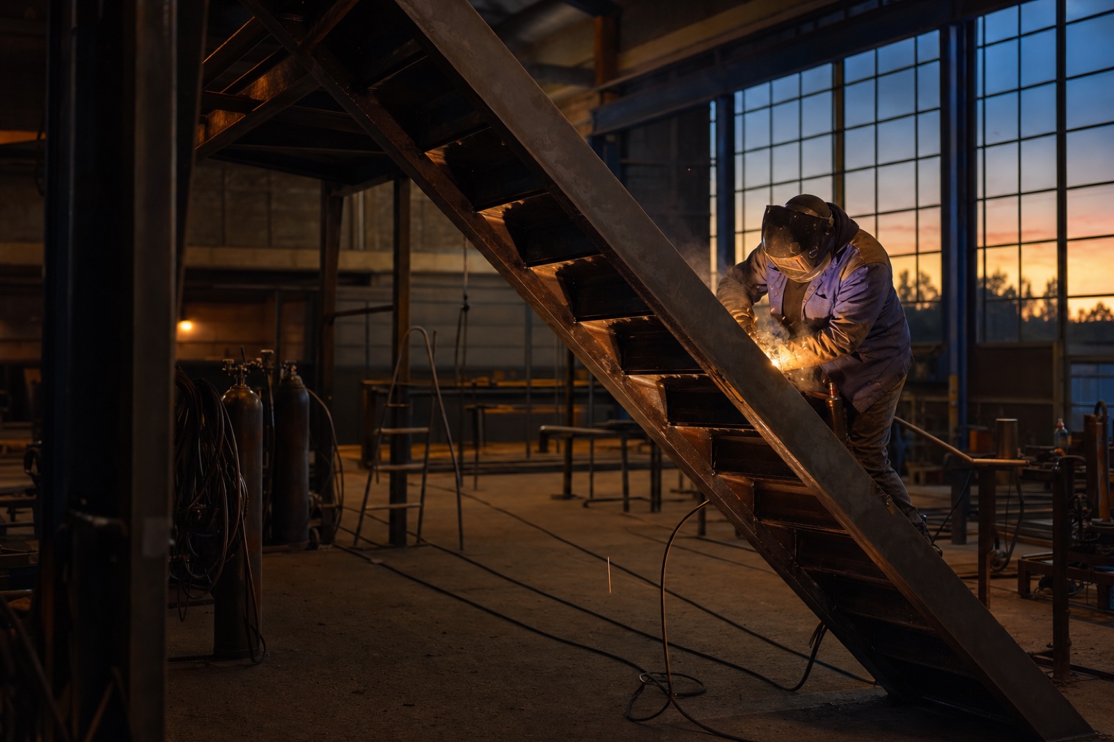 Schweißer bei der Arbeit an einer Stahltreppe in der Frers-Werkstatt, Funkenflug im Abendlicht