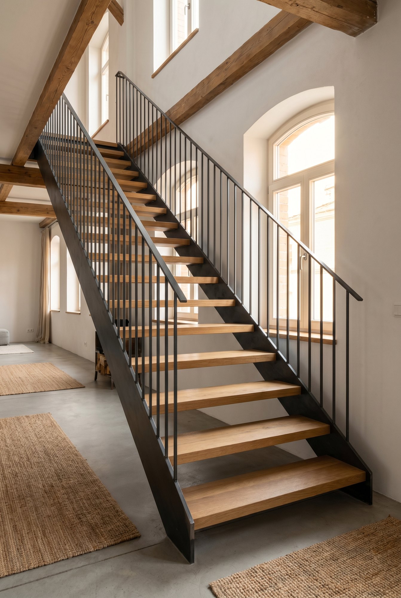 Freitragende Stahltreppe mit Eichenstufen — Maßanfertigung von Metallwerk Frers