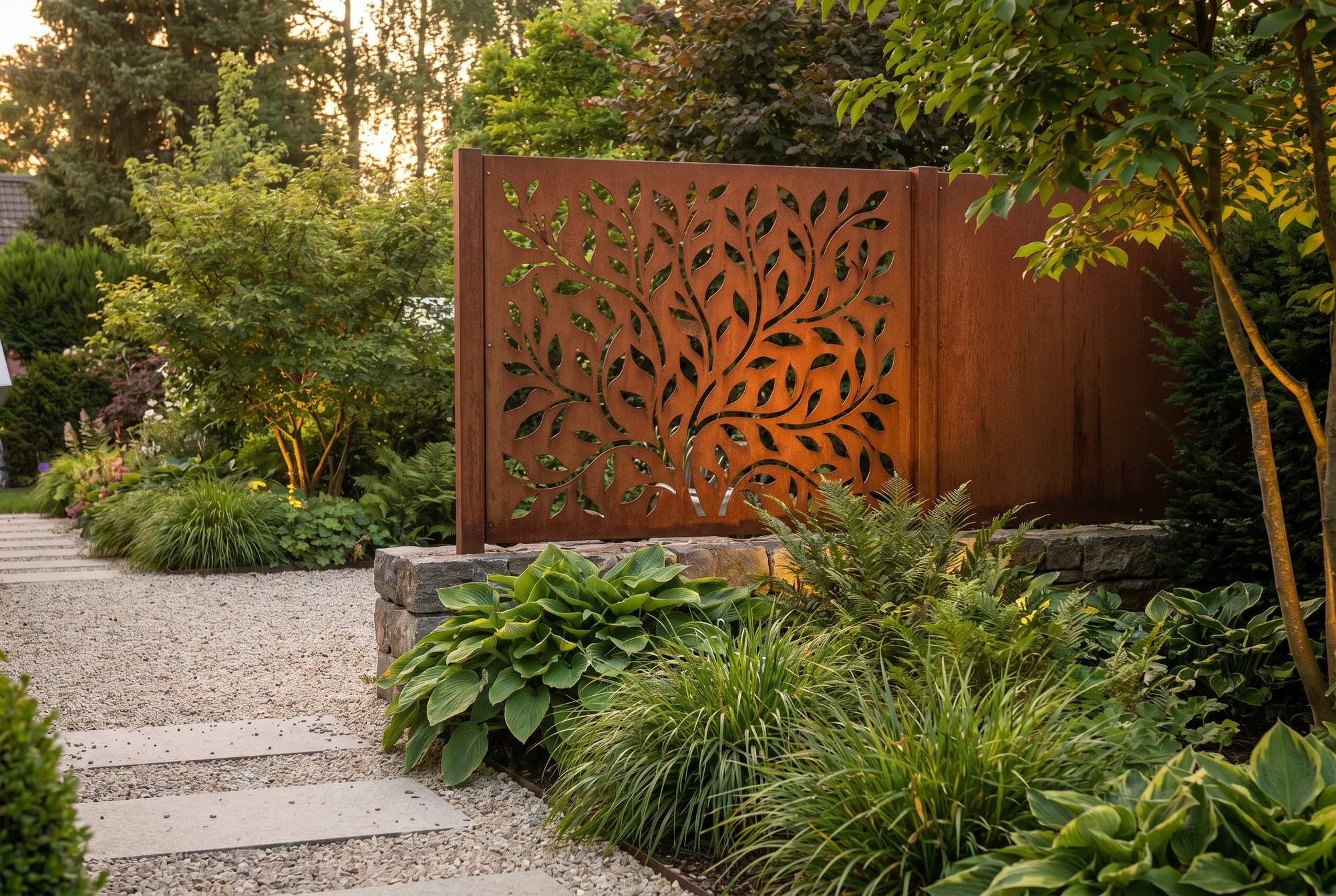 Cortenstahl-Sichtschutz mit Edelrost-Patina in einem Garten