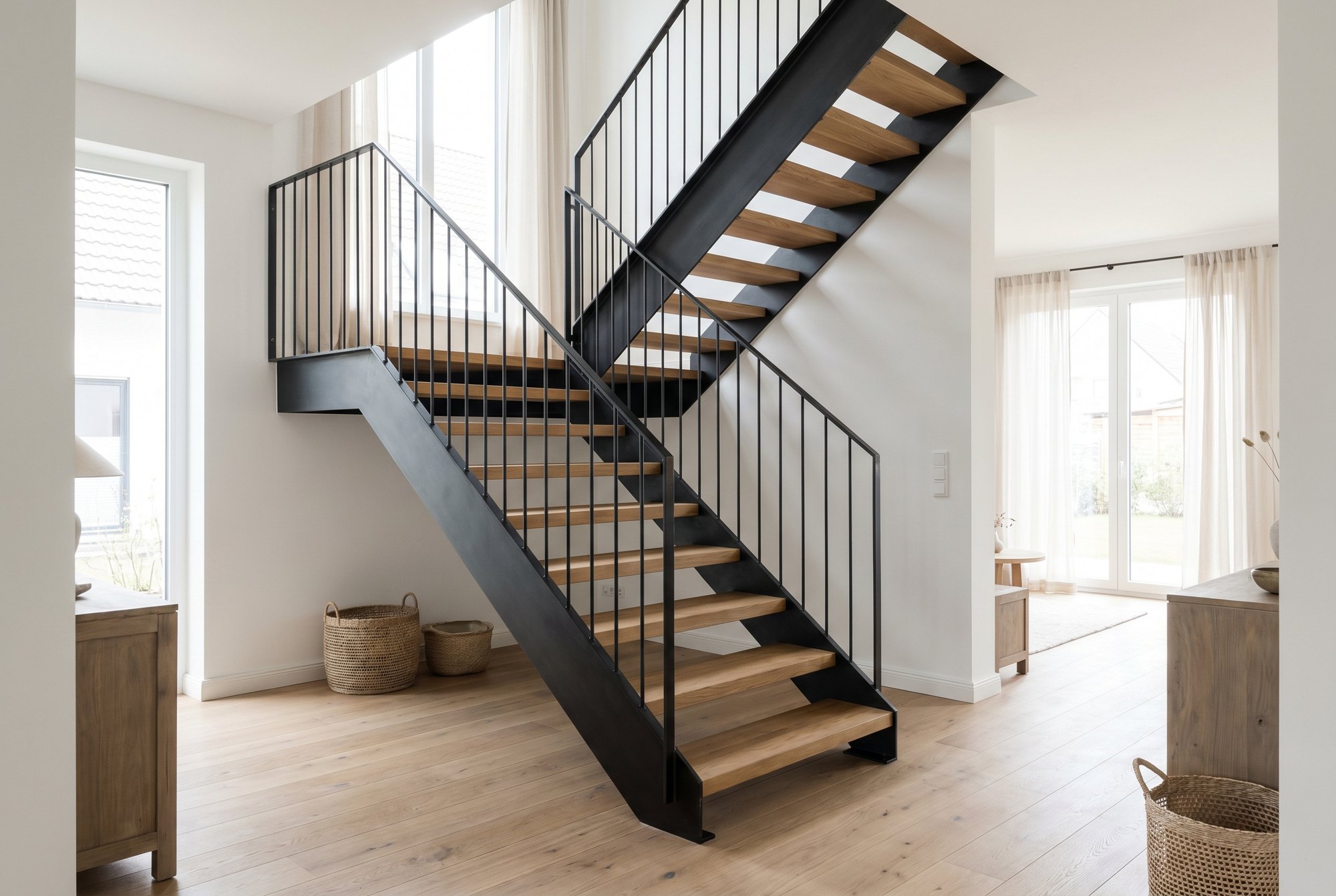 Skulpturale Stahltreppe mit Holzstufen in einem modernen Wohnhaus
