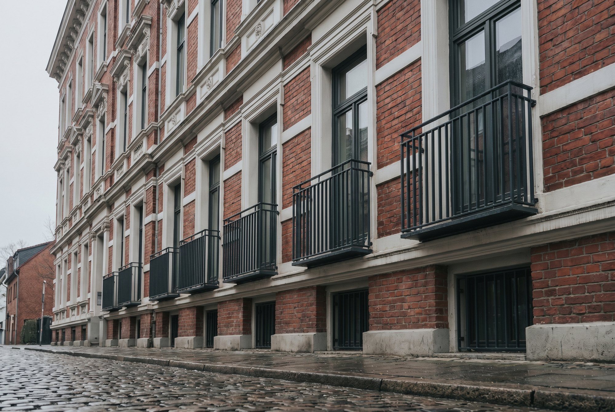 Stahlgeländer mit senkrechten Stäben an einer sanierten Gründerzeitfassade