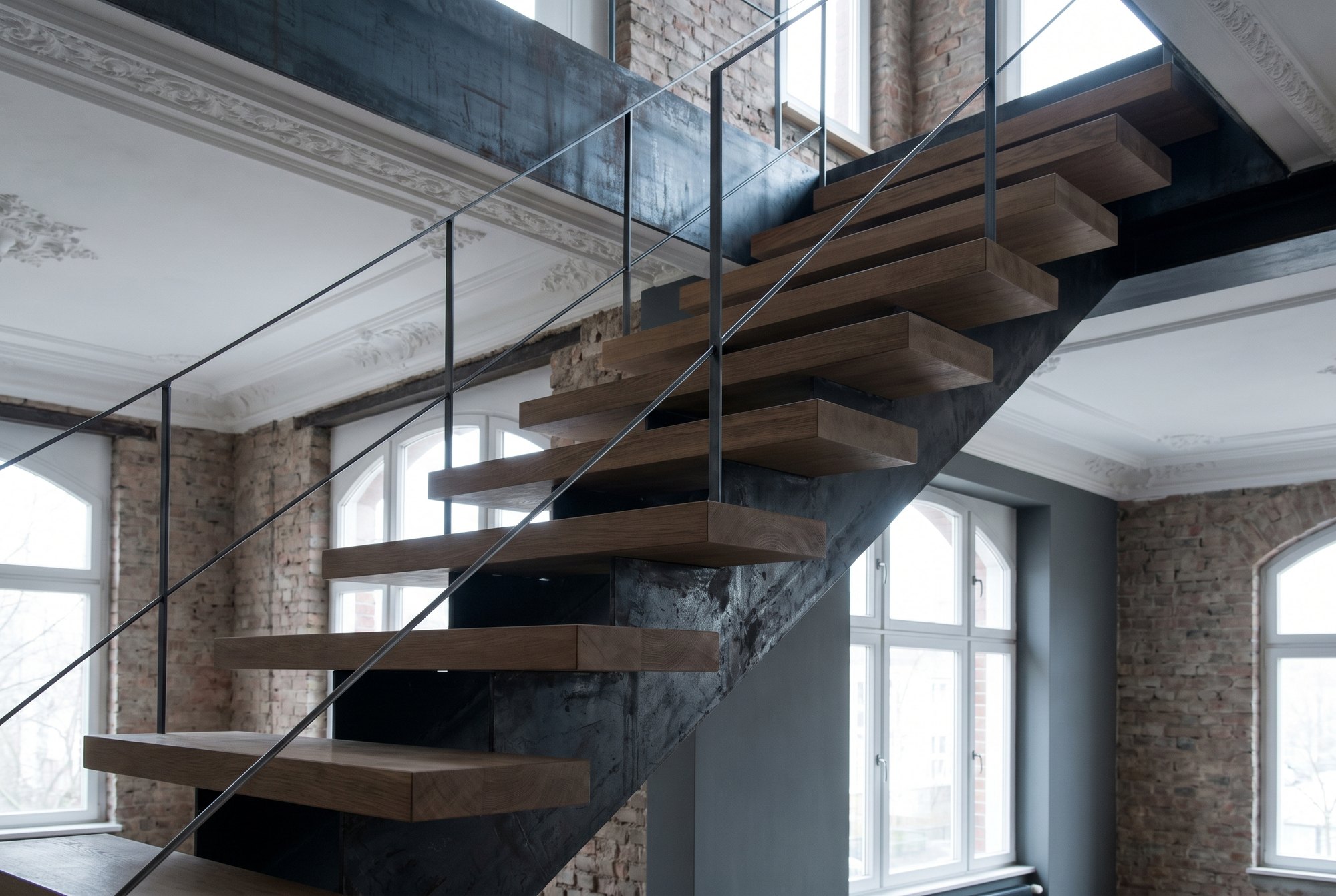 Freitragende schwarze Stahltreppe mit Eichenstufen in einem Altbau