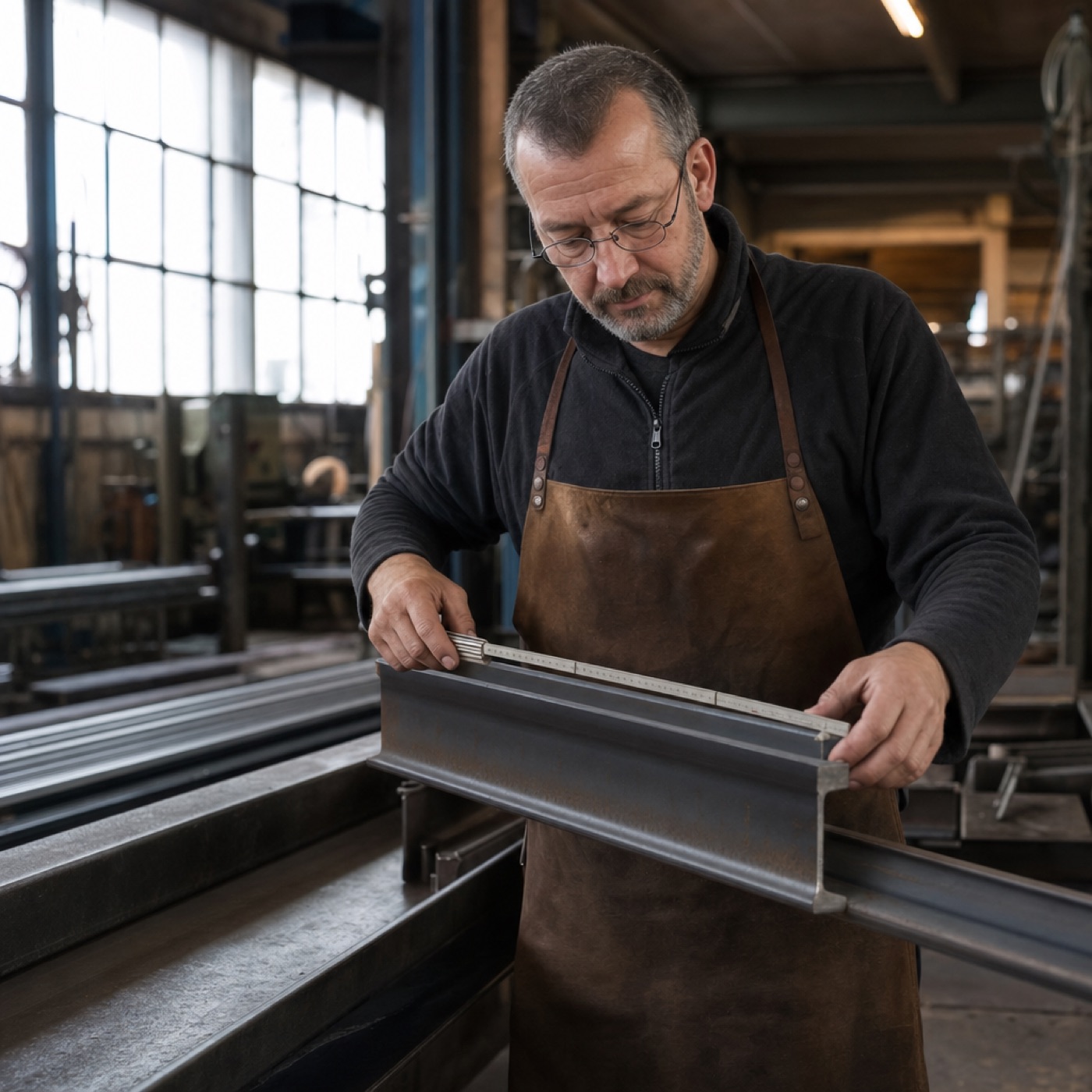 Metallbaumeister misst ein Stahlprofil mit dem Zollstock in der Werkstatt