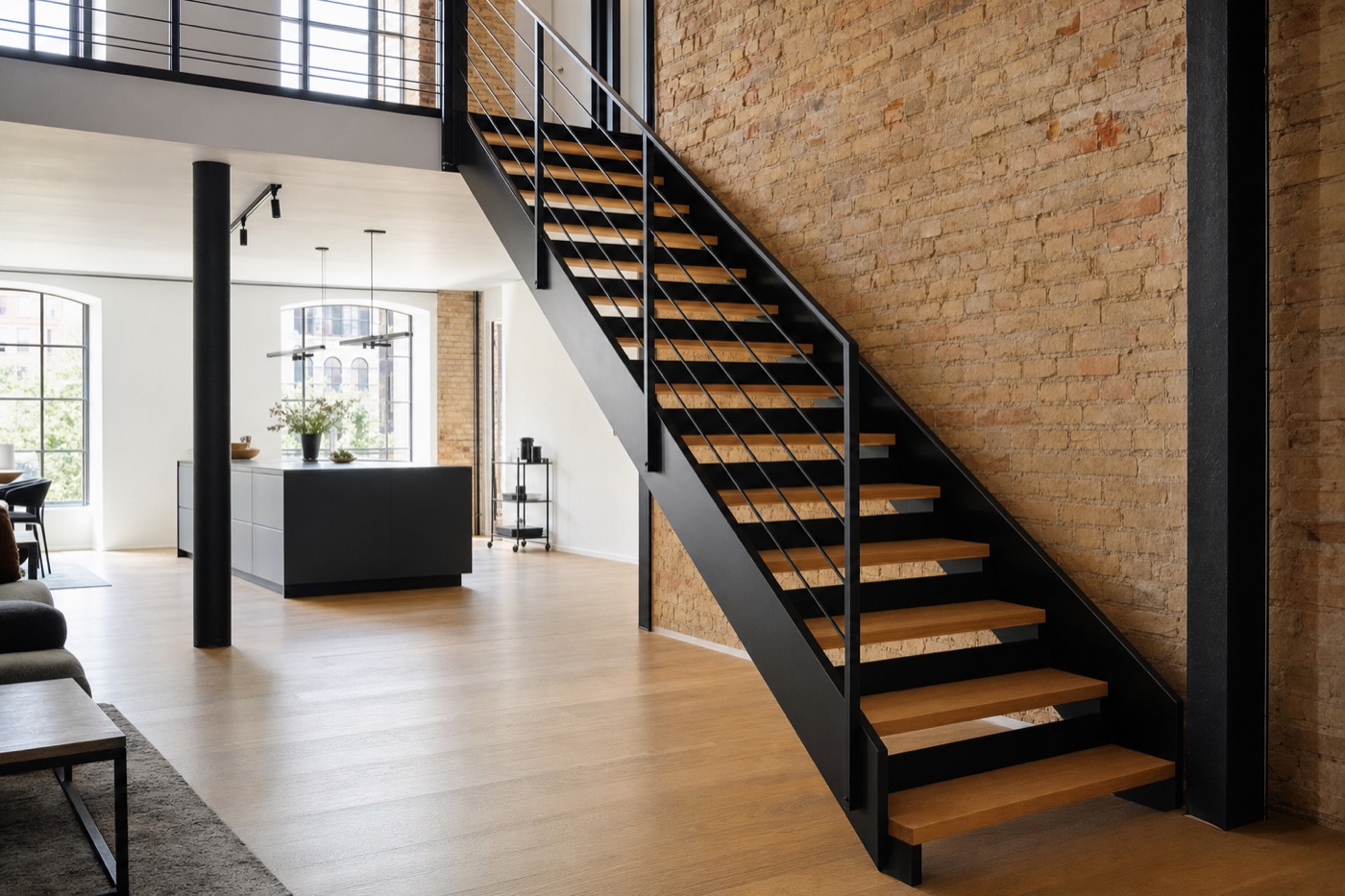 Freitragende Stahltreppe mit Eichenstufen in einem hellen Hamburger Loft