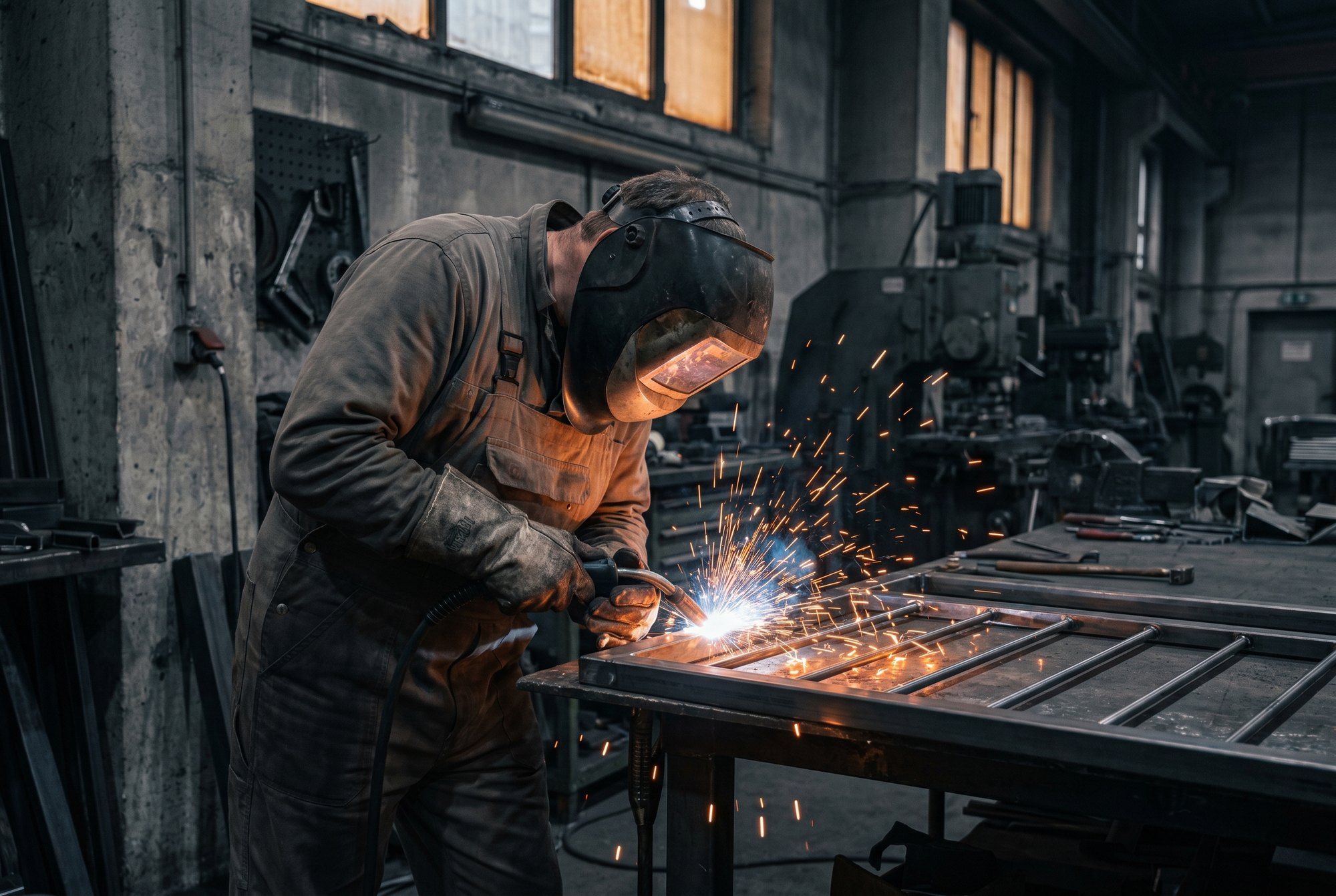 Schweißarbeiten mit Funkenflug in der Werkstatt von Metallwerk Frers in Hamburg-Billbrook