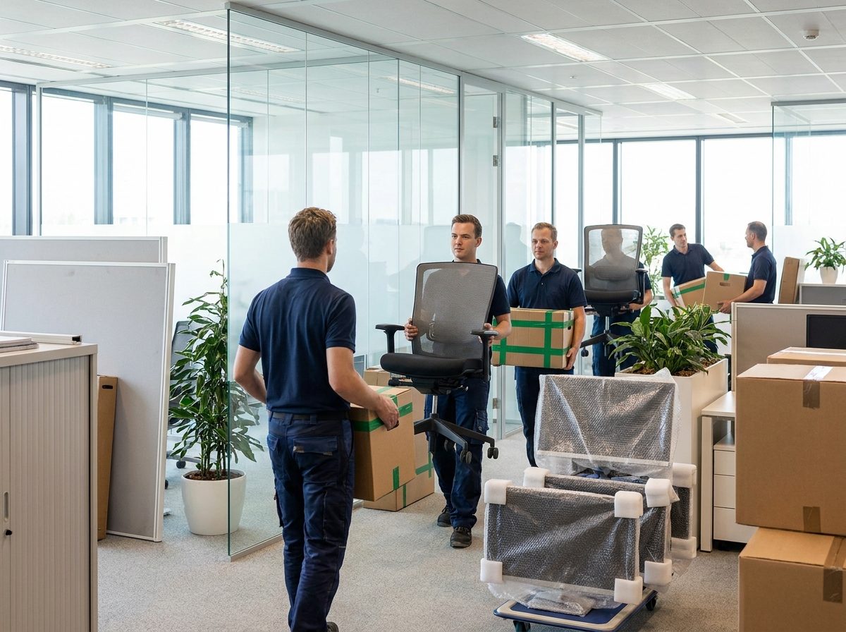 Umzugsteam transportiert Bürostühle und Kisten durch ein modernes Büro