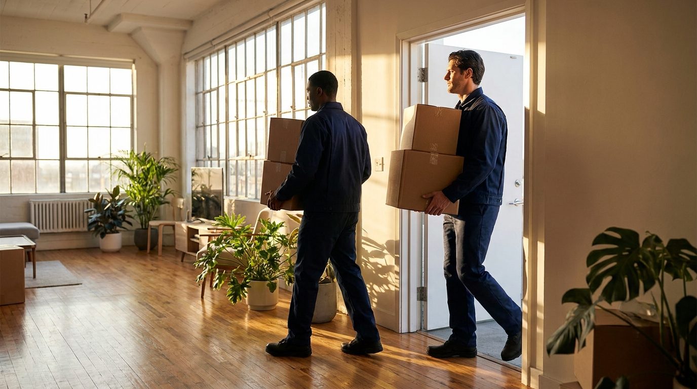 MOVARO Umzugsteam trägt Kartons in eine helle, moderne Wohnung