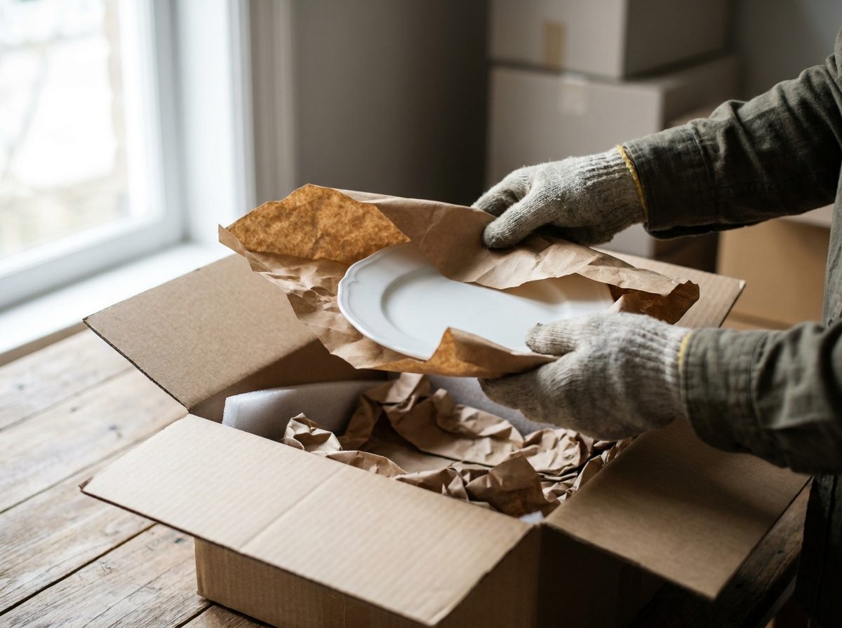 Hände verpacken sorgfältig einen Teller in Packpapier
