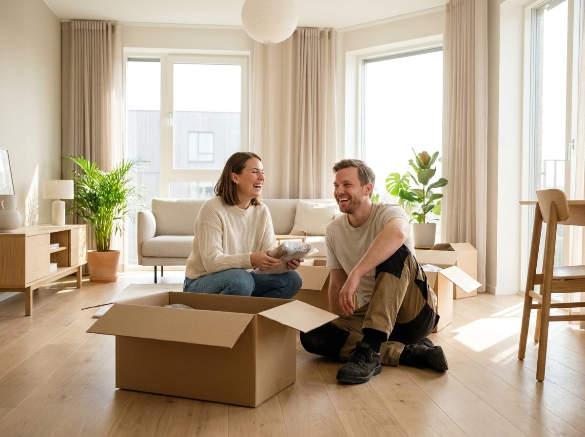 Junges Paar packt Kartons in heller Wohnung aus