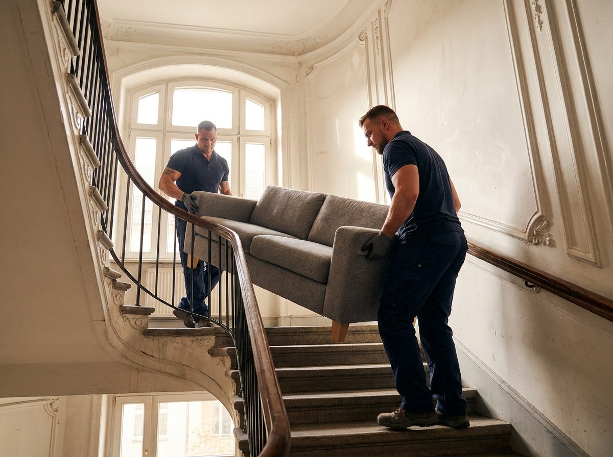 Zwei Möbelpacker tragen ein Sofa vorsichtig durch ein Altbau-Treppenhaus