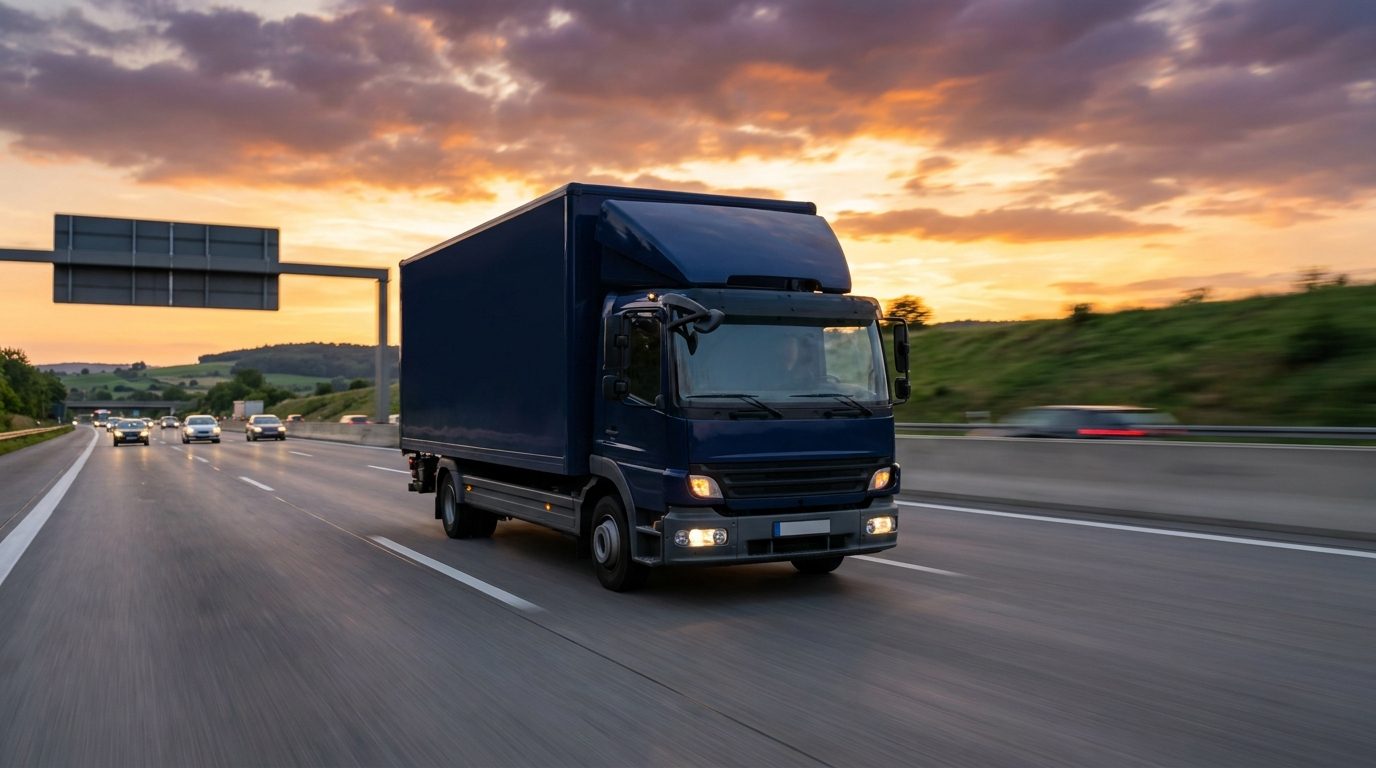Umzugswagen auf der Autobahn bei Sonnenuntergang